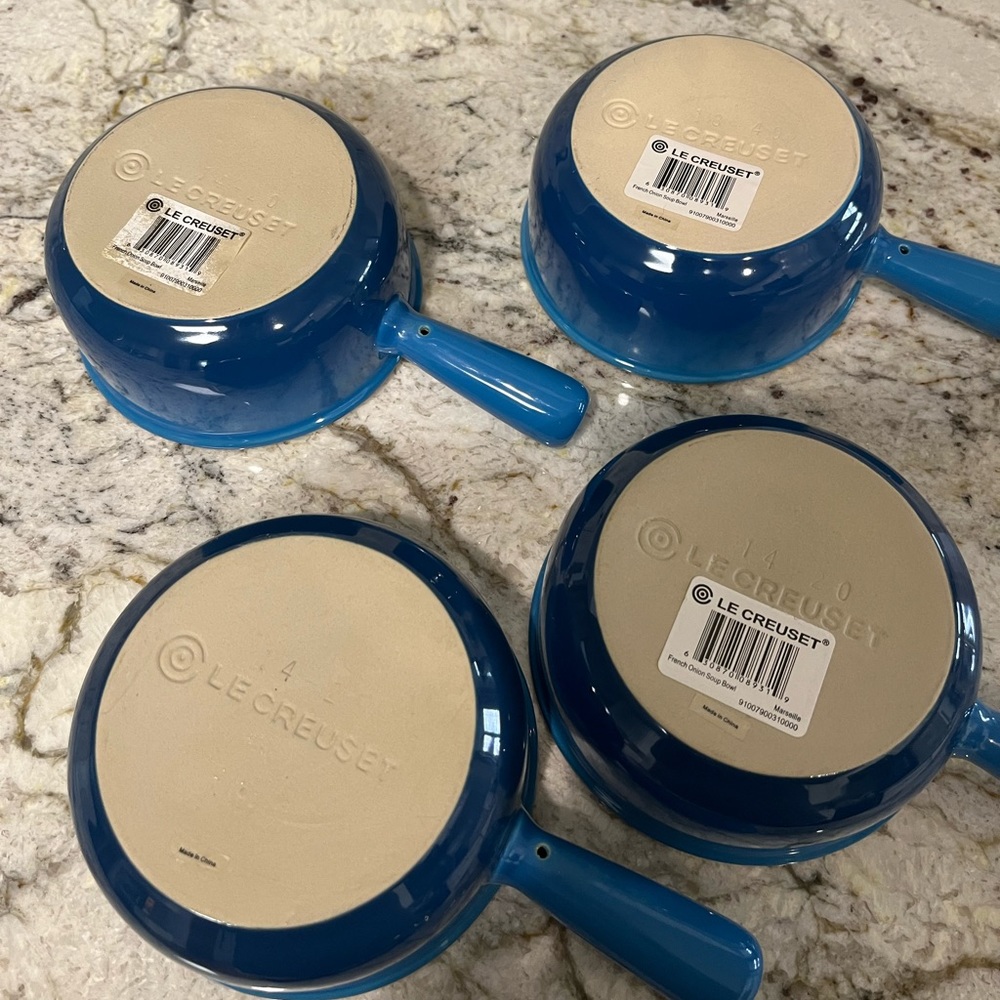 Le Creuset Set of Four French onion soup bowls with handles - blueberry